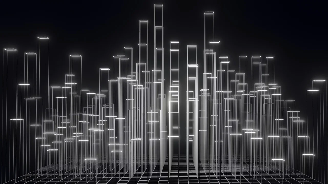 Abstract data visualization of glowing vertical bars on a dark grid, representing organizational knowledge that compounds or resets with each AI transformation cycle