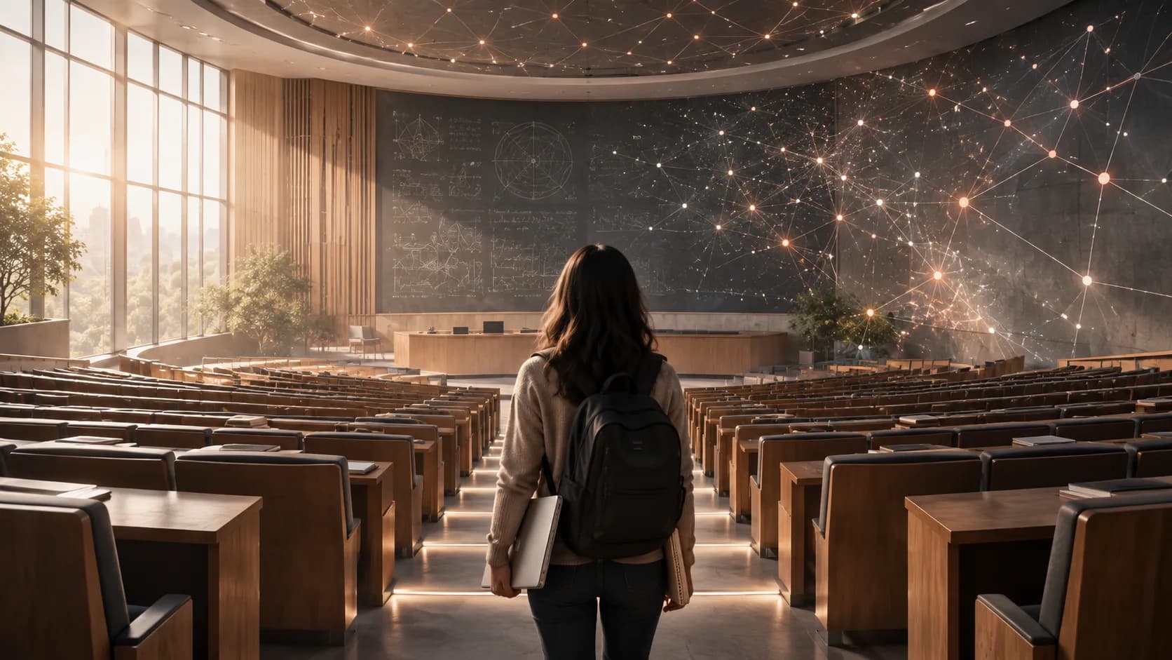 A student with a backpack and a laptop under one arm stands alone in the aisle of an empty university lecture hall, facing a chalkboard of equations, while a glowing network of connected points spreads across the wall and ceiling beside it