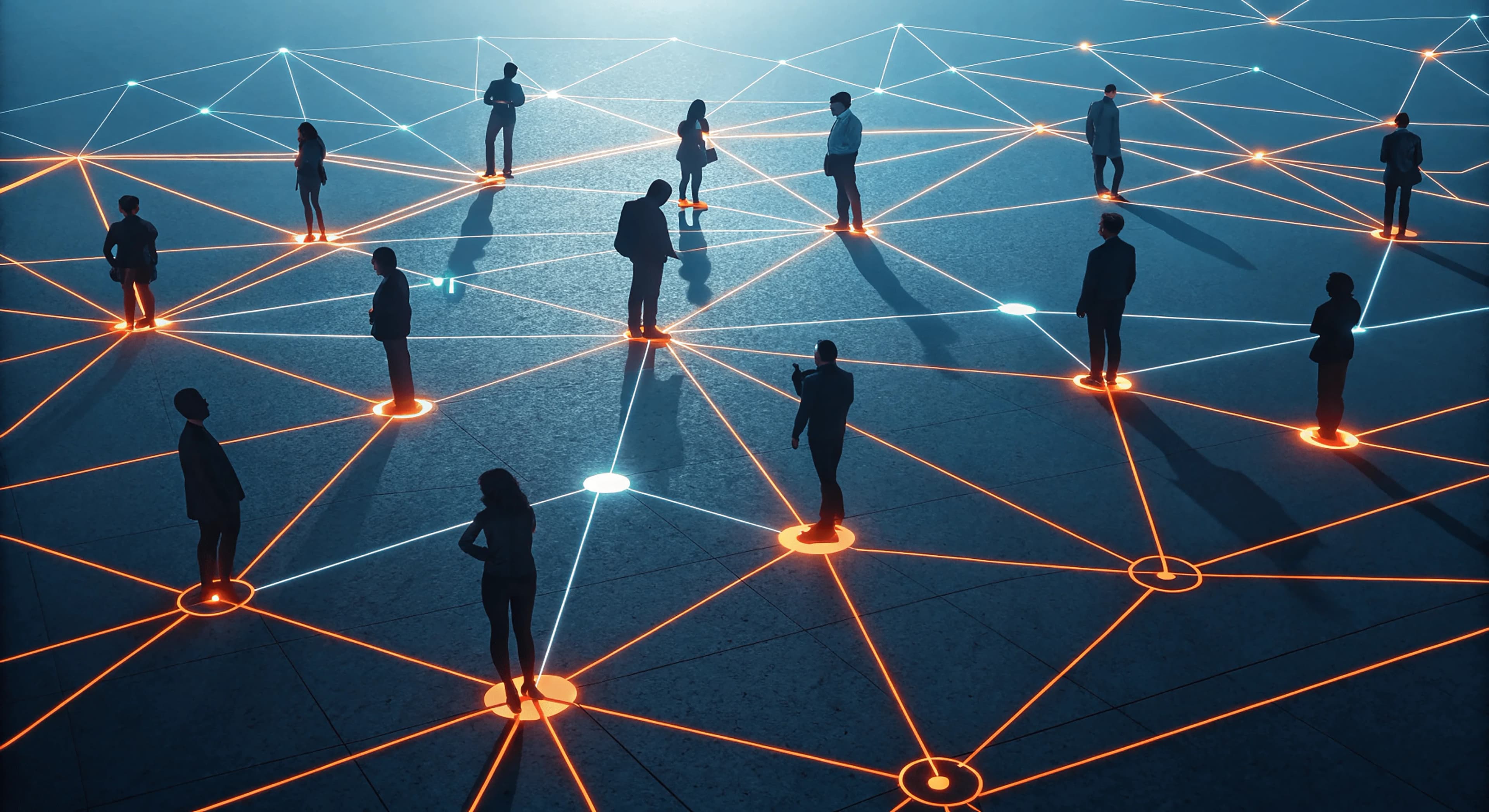 Silhouettes of professionals standing on glowing network nodes connected by luminous lines on a dark floor, representing the shift from networking to relationship intelligence