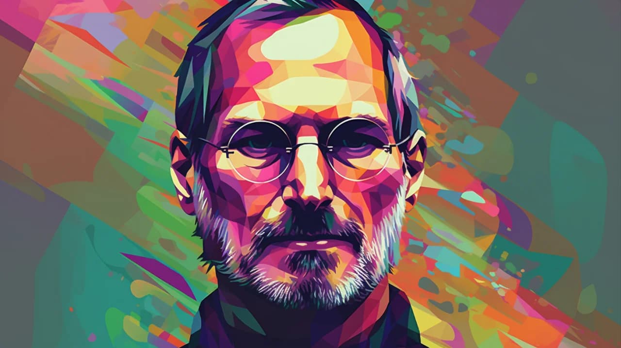 Colorful pop-art portrait of Steve Jobs, representing his visionary 1983 prediction about computers becoming the dominant communication layer