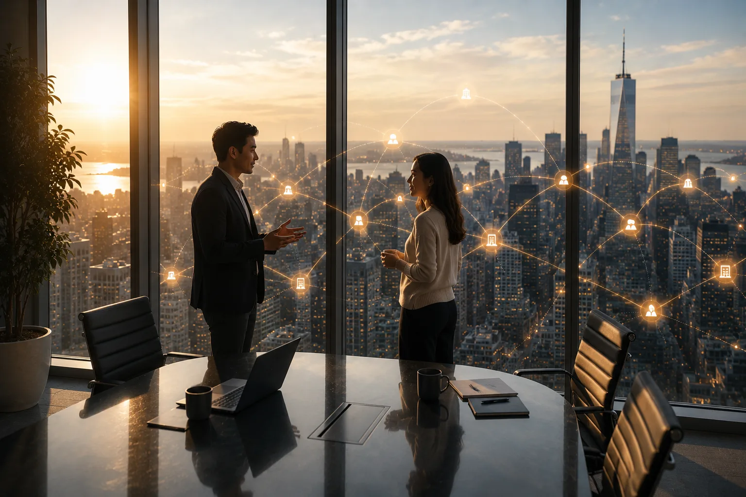 Two professionals in discussion in a high-floor conference room at sunset, a glowing network of connections arcing across the city skyline beyond the glass
