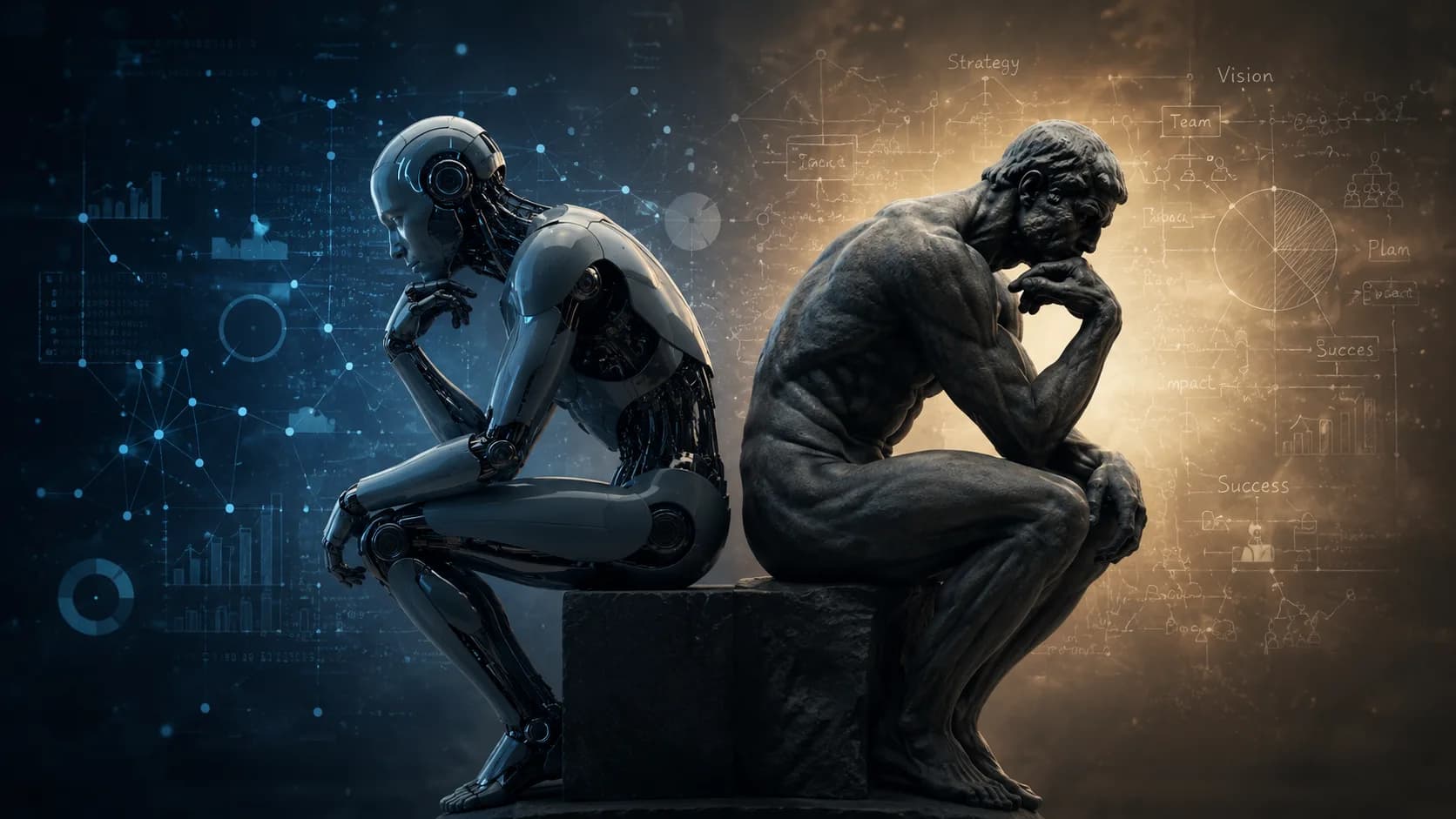 A humanoid robot and Rodin's Thinker sit back to back in matching thinking poses, the robot against a blue field of data networks, the sculpture against a warm gold wall of hand-sketched strategy diagrams