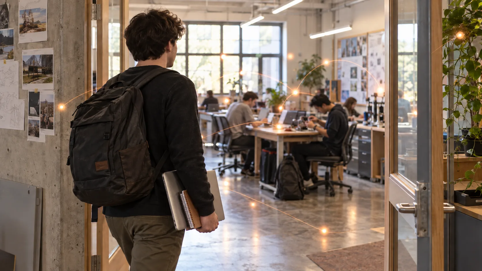 A student with a backpack, a laptop and a notebook under one arm walks through the open door of a bright studio where people work at shared tables, while a thin arc of glowing points traces a path from the doorway across the room toward them